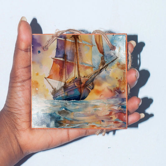 Ship Clay Art Tile Mural, Giftianza Unique Ceramic Home Decor Plaque collectible - Giftianza