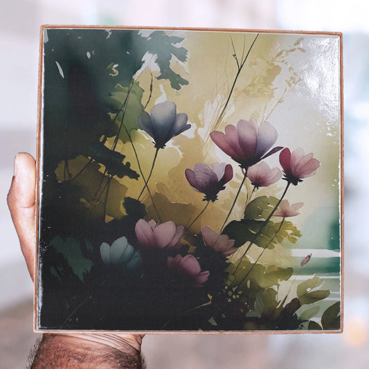 Wall Decorative Art Tile Floral, Printed on Ceramic Clay Plaque Handmade 8"x8" - Giftianza