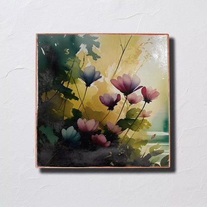 Wall Decorative Art Tile Floral, Printed on Ceramic Clay Plaque Handmade 8"x8" - Giftianza