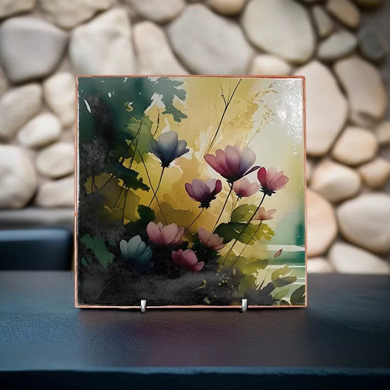 Wall Decorative Art Tile Floral, Printed on Ceramic Clay Plaque Handmade 8"x8" - Giftianza