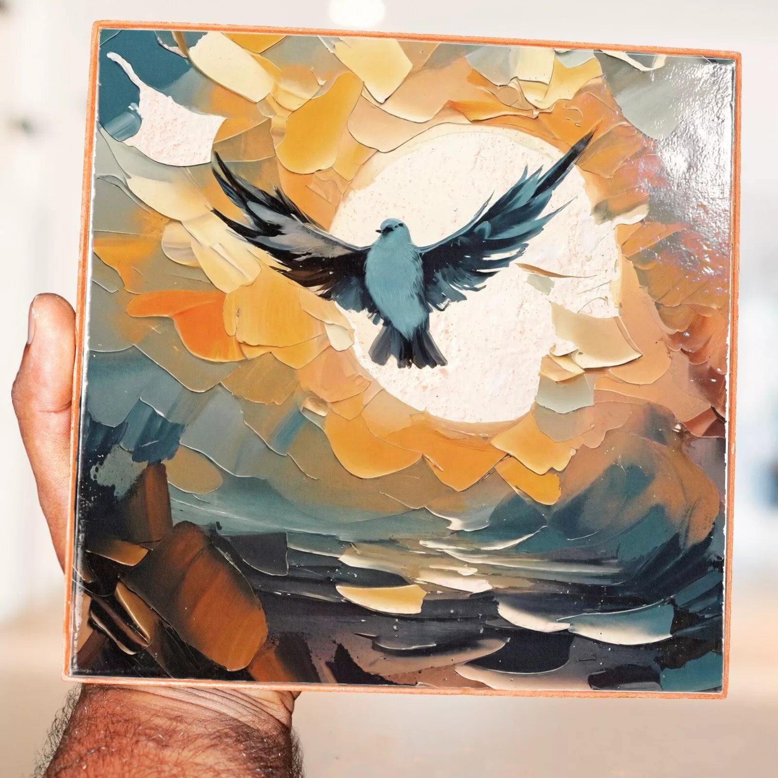 Handmade 8x8 Clay Photo Tile Bird Ceramic Wall Art Unique Abstract Home Decor - Giftianza