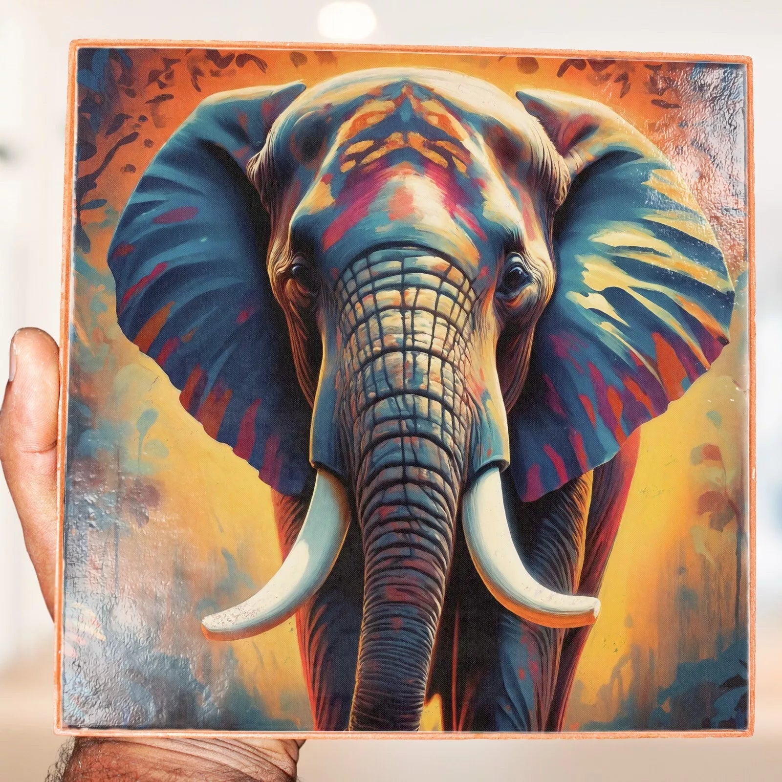 Unique 20x20cm Clay Picture Tile Elephant Wall Art Wildlife Home Decor Plaque - Giftianza